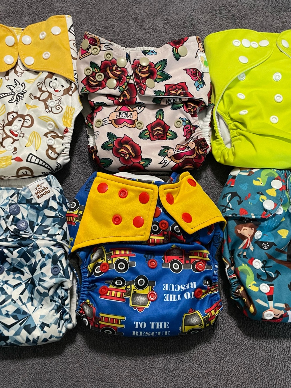 Blue Firetruck Pattern Reusable Cloth Diaper and liners - Yellow Trim